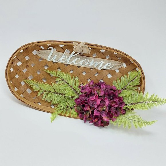 Farm Basket Wall Decor Welcome Sign Hydrangea Greenery Ready To Hang 18" Long - Picture 1 of 8
